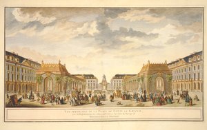 A Place de Louis le Grand perspektivikus képe a Monseigneur le Dauphin házassága alkalmából épített szobákkal (színes metszet) alkotó: French School