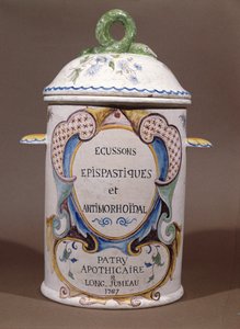 Gyógyszeres tégely a longjumeau-i Patry patikától, 1767 (kerámia) alkotó: French School