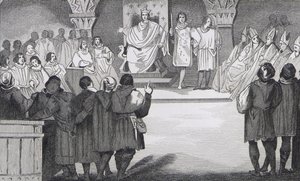 Philippe IV (1268-1314) le Bel újra egyesíti az államokat a Louvre-ban, Colart „Histoire de France” című művéből, amely 1840 körül jelent meg. alkotó: French School