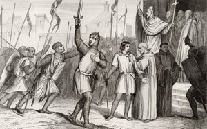 I. Fülöp (1052-1108) és II. Urbán pápa (kb. 1035-99) az 1095-ös első keresztes hadjáratra hívják össze Colart „Histoire de France” című művéből, amely 1840 körül jelent meg. alkotó: French School