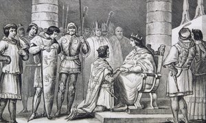 VI. Philippe (1293-1350) de Valois III. Edward (1312-77) angol előtt tiszteleg, de csak mint Aquitánia hercege, Colart „Histoire de France” című művéből, amelyet 1840 körül adtak ki. alkotó: French School