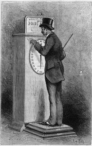 Malacpersely és számlapkapcsoló, amely megadja a súlyt a beledobott 10 centes darab hatására. Metszet a „” La Nature-be. Revue des sciences et de ses applications aux arts et a l