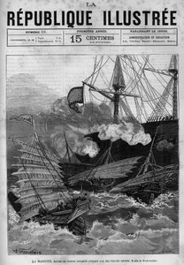 Kalózkodás: a „La Magune” Annamite hadihajót kínai kalózok támadták meg. Egy újság. Metszet 1880-ból a „La republique illustree”” magángyűjteményben. alkotó: French School