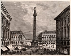 A Place Vendome Párizsban a 19. században – a „La France illustree: geographie, histoire, Administrationstatistika” című metszet, V.A. Maláta-barna. 1884 alkotó: French School