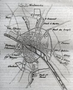Párizs térképe III. Henrik vezetésével (1580) Jacques Antoine Dulaure vésése „Párizs fizikai, polgári és erkölcsi történelme: a legrégibb történelmi időktől napjainkig” alkotó: French School