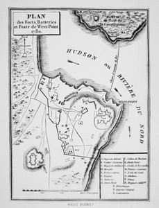 West Point terve, a kulcsfontosságú erőd, amelyet Benedict Arnold tervezett átadni a briteknek a függetlenségi háború alatt (litho) alkotó: French School