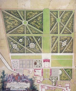 A Comte de Caraman tulajdonában lévő roissy-i kastély és park terve (toll, tinta és WC papíron) alkotó: French School