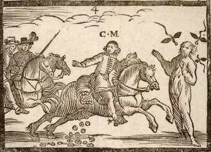 Politikai füzetek Mazarinade: Mazarin repülés közben leejti az ekusokat: Concini, Horgony marsalljának árnyéka áll előtte. Vésett fa 1651. alkotó: French School