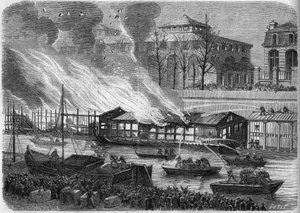 Tűzoltók az úszóiskola hajóinak tüzét próbálják eloltani a párizsi Saint Martin-csatornán, 1864. január 5.. Metszet a "Le Monde Illustre" 553. sz.-ban, 1864. január 16.. alkotó: French School