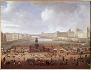 Pont-Neuf, Párizs, a Place Dauphine bejárata felől nézve, amelyen a 4 Nations College, a Quai Malaquais és a Louvre látható (olaj, vászon alkotó: French School