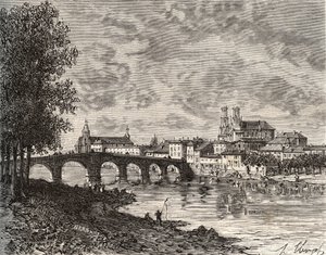 Pont-a-Mousson (Pont a Mousson) - Meurthe-et-Moselle - metszet „Franciaország illusztrálva: földrajz, történelem, statisztikai igazgatás” V.-A. Malátabarna. 1884 alkotó: French School
