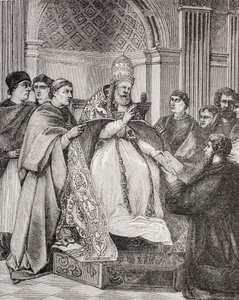 IX. Gergely pápa átadja a dekrétumokat a konzisztórium egyik szószólójának, Paul Lacroix „Katonai és vallási élet a középkorban” című művéből, London, 1880 körül. alkotó: French School