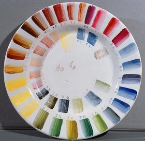 Porcelángyártó tányér színtáblázattal (porcelán)