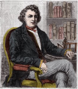 Andre Marie Ampere (1775-1836) francia fizikus portréja - Andre-Marie Ampere (1775-1836), francia fizikus és az elektrodinamika úttörője - Metszet a "tudományok mise à la range de tous - physics et chimie populaires" című könyvébe Alexis Cleric – 19. száza alkotó: French School