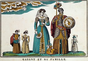 A Douai városát jelképező óriás, Gayant portréja családjával: feleségével, Marie Cagenonnal és három gyermekével, Jacquot-val, Fillonnal és Binbinnel ábrázolja. 18. századi metszet, Belfort képei. Ferrand kollekció alkotó: French School
