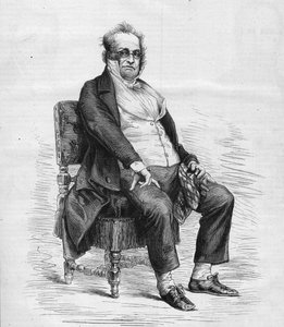 Henry Monnier (1799-1877) francia drámaíró, karikaturista és humorista portréja. „Monsieur Prudhomme”-nak öltözött, Monnier által kitalált karakter, a 19. századi francia burzsoák rajzfilmje. Metszet a „” Le Monde Illustré”” 1031. sz alkotó: French School