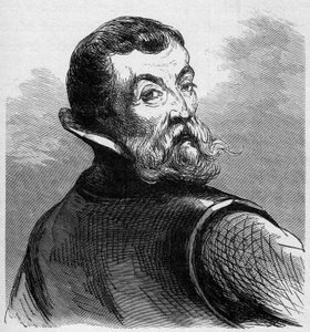 Jacques Cartier (1491-1557) portréja. Francia navigátor és felfedező. Metszet: „La Marine et les colonies: kereskedelem” alkotó: French School