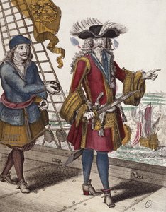 Jean Bart (1650-1702) portréja égő gyújtózsinórral a szájában egy tengeri ütközet alatt (színes metszet) alkotó: French School