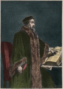Jean Calvin (Jean Cauvin) (1509-1564), francia vallási reformátor és író portréja - John Calvin - metszet a „Franciaország története az unokáimnak mesélt” című könyvéből” - Francois Guizot - 1872-1876 alkotó: French School