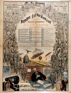 Jules Verne portréja és műveinek jelenetei - Teljes műveinek reklámplakátja alkotó: French School