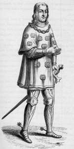 Louis de Malet, Graville urának (kb. 1441-kb. 1519), Franciaország admirálisának 1487-es portréja háborús és tornajelmezben. Gravírozás: „A haditengerészet és a gyarmatok: kereskedelem” alkotó: French School