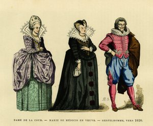 Marie de Medicis (1573-1642), francia királynő portréja, özvegyi szokásban, udvarhölgy és egy úriember körülvéve, 1620 körül. Színes metszet, „France et les francais a travers les siecles”-ben. Augustin Challamel, F. Roy szerkesztő, Paris 18 alkotó: French School