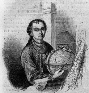 Pierre (Peter) Anich (1723-1766), tiroli csillagász és térképész portréja, aki földgömböt és iránytűt tart a kezében. Metszet a „Le Magasin festői”-ben alkotó: French School