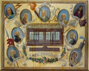 Történelmi személyiségek portréja és a párizsi Le Procope kávéház látképe: Benjamin Franklin, Jean Jacques Rousseau, Voltaire, Jean D