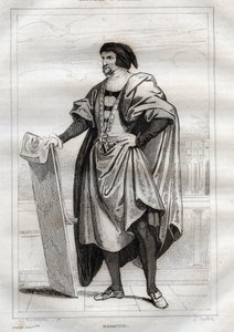 Masaccio (Tommaso di Giovanni Cassai) olasz festő portréja (1401-1428) - Metszet a „festői” Olaszországból – Olaszország történelmi és leíró festménye”, M. de Norvins, Ch. Nodier 1834-1836. alkotó: French School