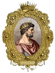 I. Nagy Konstantin római császár portréja (274-337). Metszet a „Pápák-királyok-királynők és császárok története évszázadokon keresztül” című könyvébe, Maurice Lachatre alkotó: French School