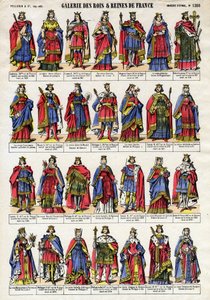 Franciaország királyainak és királynőinek portréja a Capetian dinasztiától (Capetian dinasztia) Lothaire-től (941-986) X. Lajosig, Hutinig (1289-1316). Epinális képalkotás a 19. század végéről. Magángyűjtemény. alkotó: French School