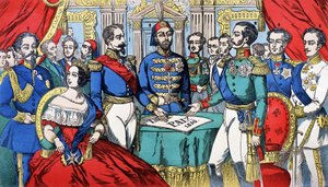 Európa uralkodóinak portréja az 1856-os békeszerződés idején: balról jobbra, Viktor Emmánuel (Victor Emanuel) (Vittorio Emanuele), Szardínia királya, Viktória, Anglia királynője, III. Napóleon török császár, II. Sándor király Oroszország, F alkotó: French School