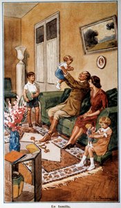 Családi jelenetet ábrázoló postai és távközlési naptár, 20. század (nyomtatás) alkotó: French School