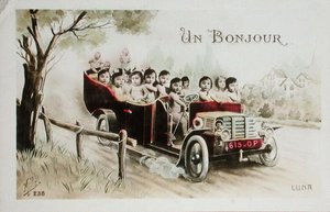 Képeslap "Un Bonjour", csecsemőkkel teli gépkocsi, 1914 előtt (színes litográfia) alkotó: French School