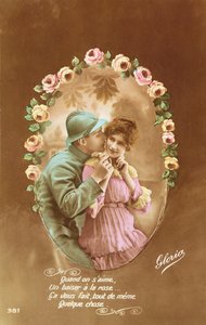Egy francia katonát és szeretőjét ábrázoló képeslap, 1914-18 (színes fotó) alkotó: French School