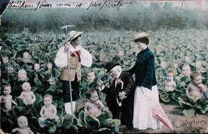 Képeslap, amely egy babát kereső házaspárt ábrázol alkotó: French School