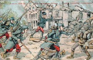 A Champenoux-t védő francia gyalogságot ábrázoló képeslap alkotó: French School