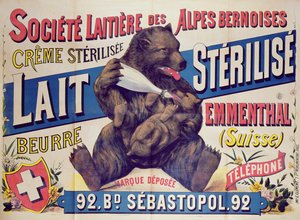 Sterilizált tejet, vajat és ementáli sajtot reklámozó plakát a Societe Laitiere des Alpes Bernoises-tól, 1895-1900