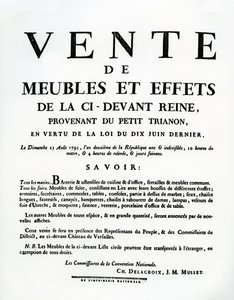 Marie-Antoinette bútorainak és effektusainak eladását hirdető plakát augusztus 25-én alkotó: French School