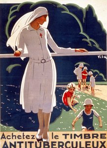 Az Országos Tuberkulózis Elleni Védelmi Bizottság által kiadott „Vásárolja meg a TB tapaszt” plakátja. Lithograhie 1917. alkotó: French School
