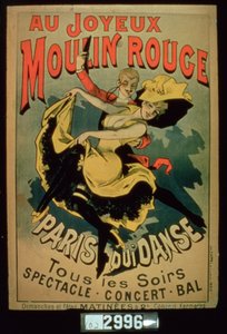 Plakát a párizsi táncokhoz a párizsi Joyous Moulin Rouge-ban