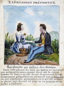 Prepozitív kifejezés (Az étkező a mezők közepén) - nyelvtankönyv képekben, 1850 körül alkotó: French School