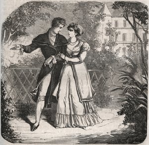 Brunswicki Karolina walesi hercegnő (1768-1821) szeretőjével, Bartolomeo Bergamival sétál. Metszet 1871-ből Henry de Kock (1819-1892) „Histoire Des Cocus Celebres” c. alkotó: French School