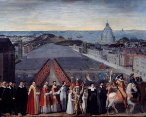 Saint Michel du Mont zarándokainak párizsi lekvárjának körmenete a Pont Neuf Anonymous festményén. 17. század. Mérete 0,80 x 1,05 m Párizs, Carnavalet Múzeum alkotó: French School