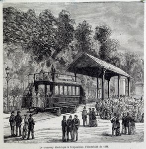 Haladás a közlekedésben: az elektromos villamosvasút 1881-ben elektromost állított ki. Metszet a XIX. alkotó: French School