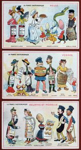Promóciós és oktatókártyák gyerekeknek, amelyek Lotaringia régió ételkülönlegességeit ábrázolják, 1910 körül alkotó: French School