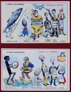 Promóciós és oktatási kártyák gyerekeknek, amelyek Maine-et-Loire és Loir-et-Cher régió ételkülönlegességeit ábrázolják, 1910 körül alkotó: French School