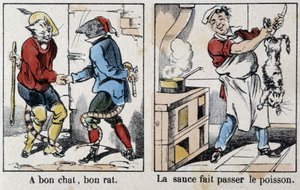 Példabeszédek az Epinal képeiben: „Jó macska, jó patkány”” és „A szósz átmegy a halon” – Epinal képe, n.d. alkotó: French School