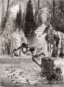 Publius Vedius Pollio, római lovas, aki rabszolgát etet lámpalázával, a Les Merveilles de la Science-ből, 1870 körül. alkotó: French School