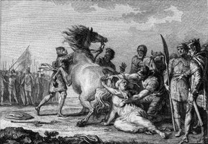 Brunehaut büntetése, 613: Brunehaut vagy Brunehilde (543-613), Ausztrália királynője egy fékezhetetlen ló farkához tapad, mielőtt a földre rántják. 18. századi metszet. alkotó: French School